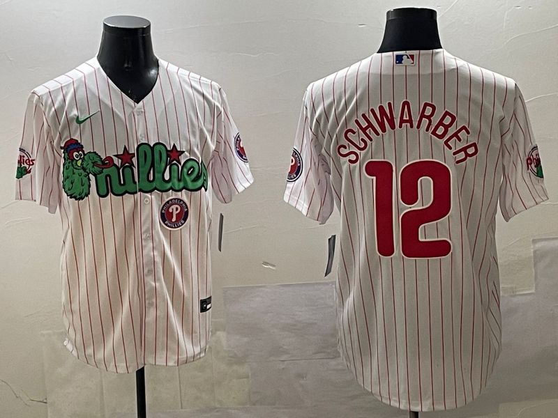 Men Philadelphia Phillies #12 Schwarber White Stripe Three generations Joint Name Game 2025 Nike MLB Jersey style 5